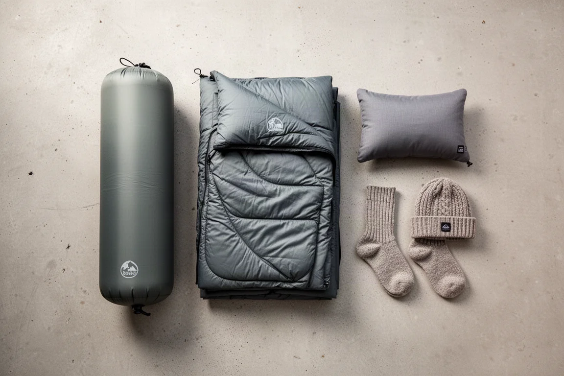 Draufsicht auf ein Winter-Schlafsystem mit Matte, Quilt, Kissen und Socken flach ausgelegt