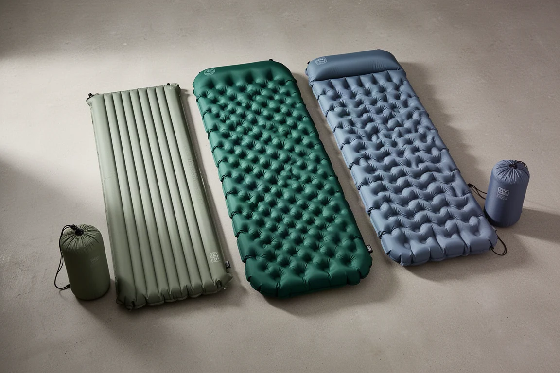 Three inflatable sleeping pads with different baffle patterns laid out on a concrete surface