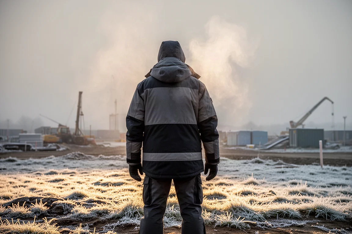 Lavoratore con strati isolanti mentre si prepara per una fredda mattinata all'aperto