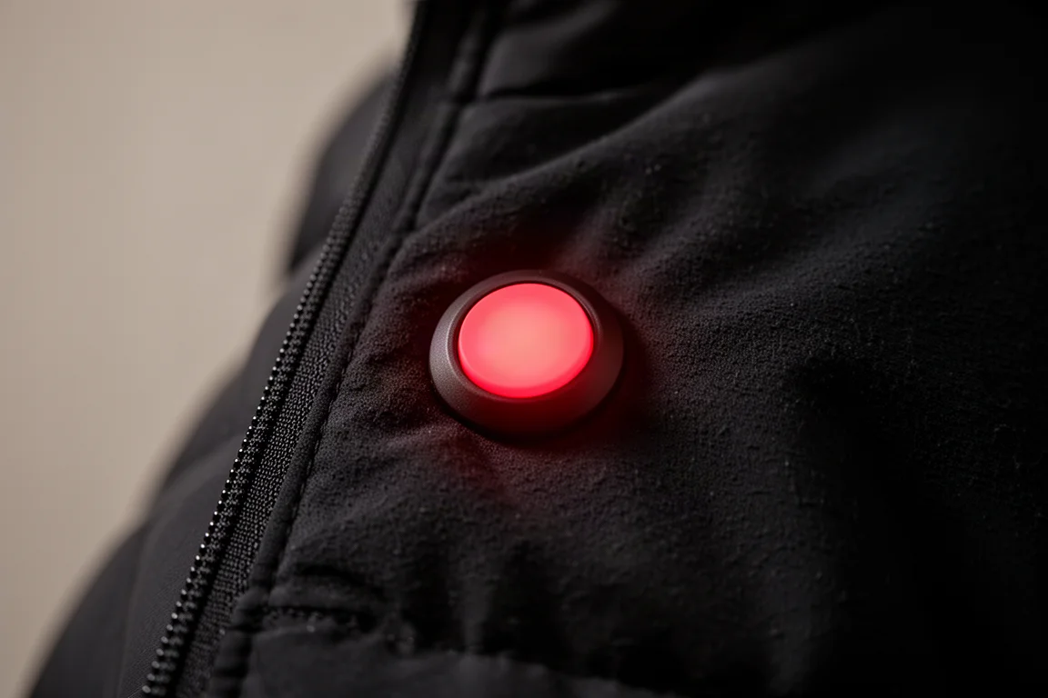 Primo piano di un piccolo tondo pulsante di controllo del calore che emana una luce rossa su un gilet