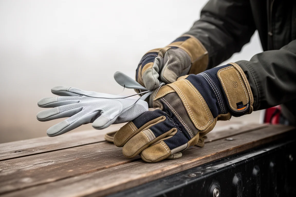 Mani che infilano i guantini riscaldati sotto guanti da lavoro più spessi