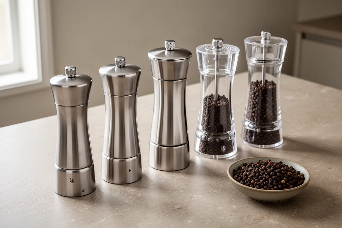 Several pepper mills lined up on a kitchen counter beside a bowl of peppercorns