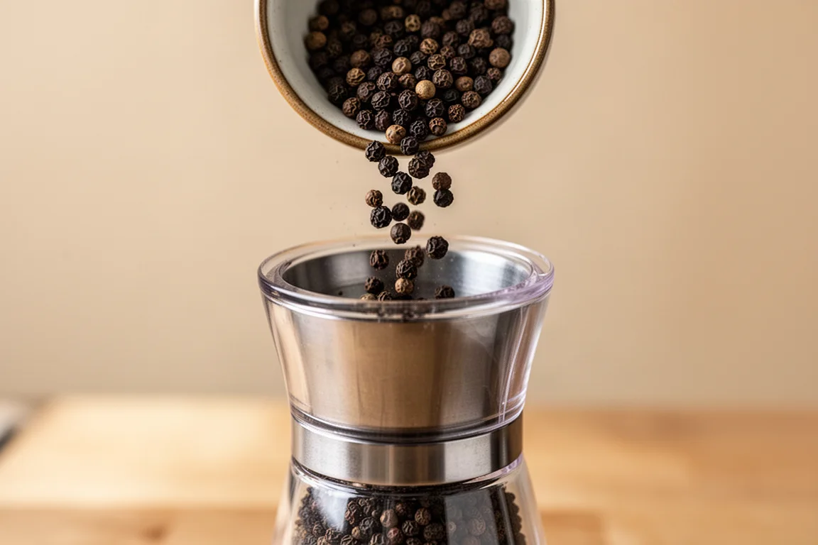 Peppercorns being poured into the top opening of a pepper mill