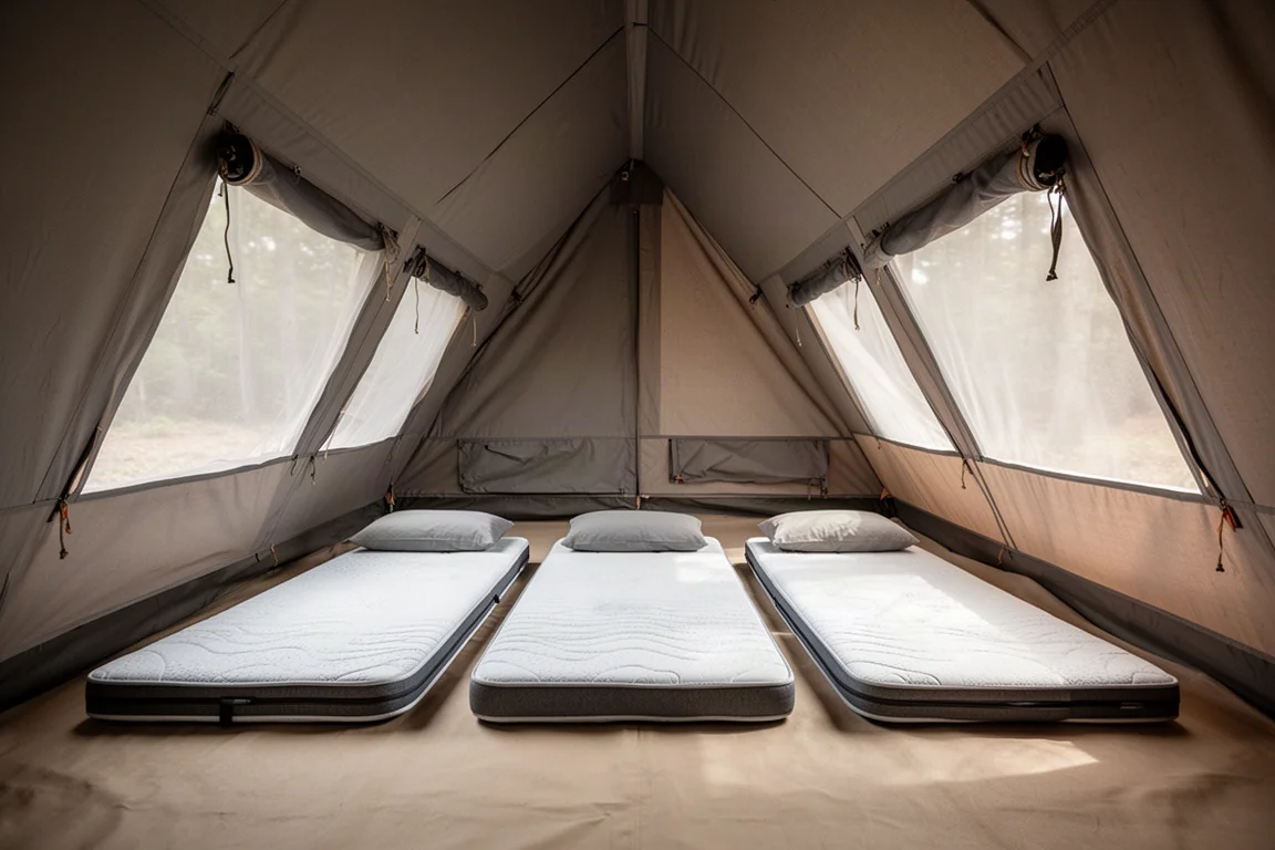 大型 cabin 帳篷的內部,地板上鋪著四張露營睡墊