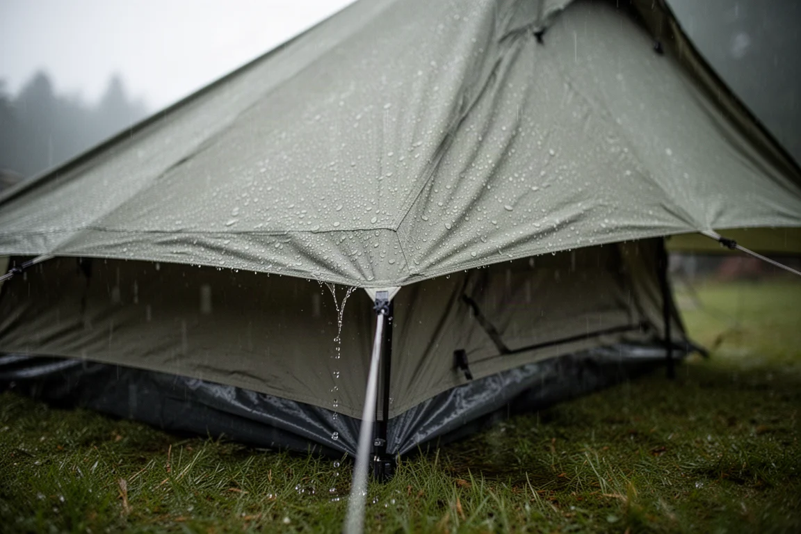 cabin 帳篷外觀處於小雨中,地板之上的接縫處有水滴凝結