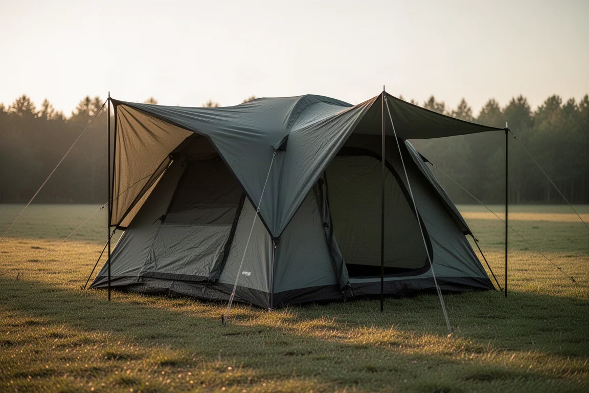 Large cabin camping tent with black rainfly pitched on a grassy clearing at golden hour
