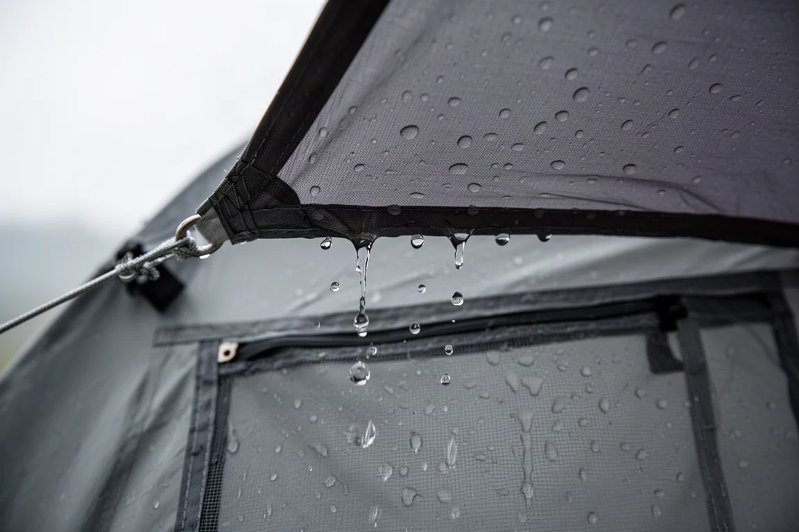 雨水從帳篷擋雨篷邊緣滴落到網狀窗戶面板上