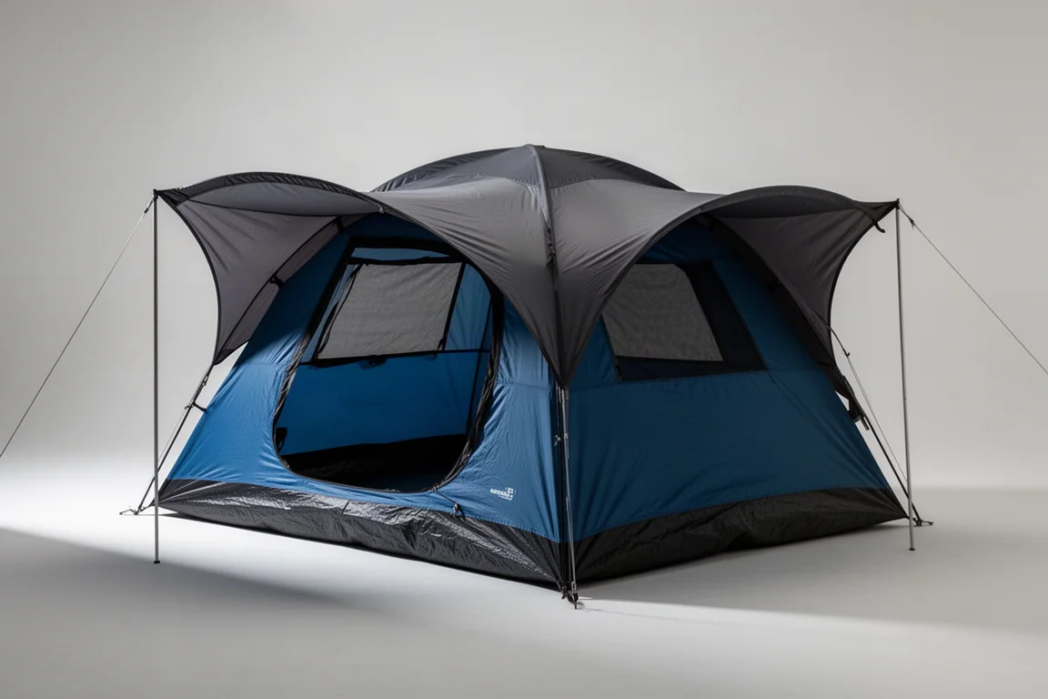 Large blue and black cabin tent with dark rainfly pitched on a neutral grey backdrop