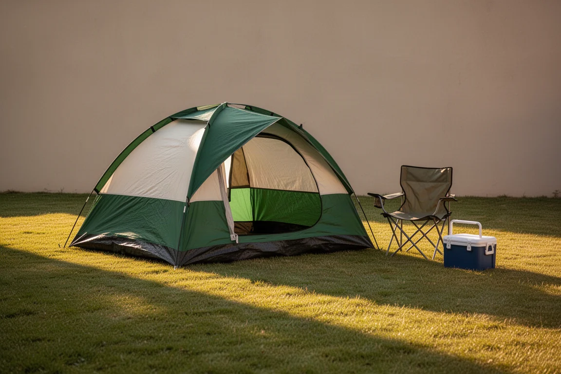 Petite tente dôme pop up montée sur une pelouse de jardin ensoleillée en fin d'après-midi