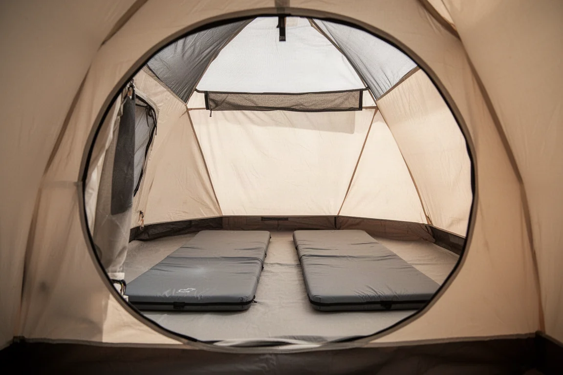 Vue intérieure d'une petite tente dôme avec deux matelas de couchage côte à côte