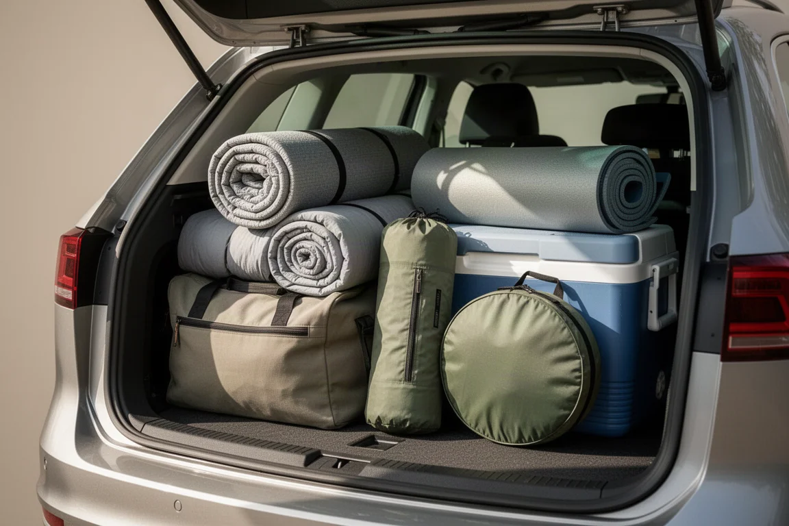 Coffre de voiture ouvert rempli de matériel de camping et d'un fin sac de tente circulaire