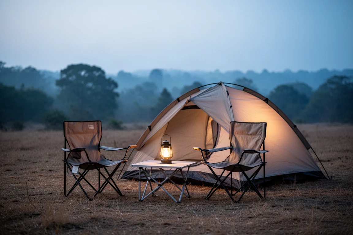 Deux chaises de camping à côté d'une petite tente dôme sur un terrain herbeux sec au crépuscule