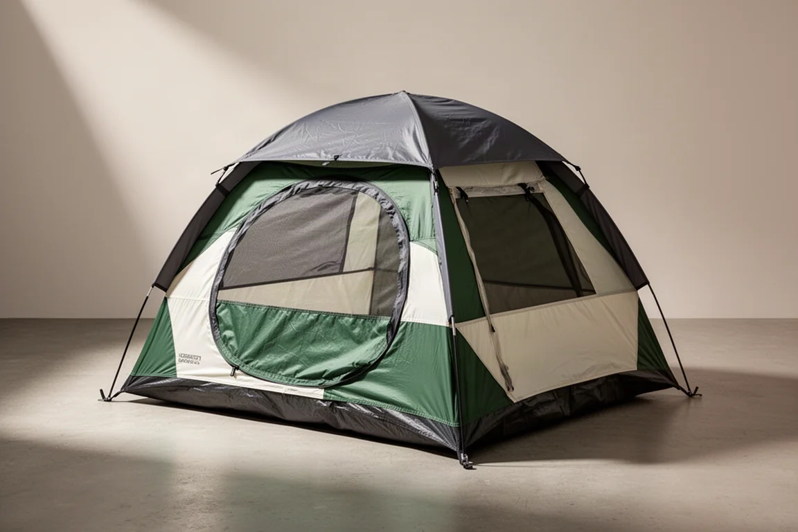 Compact green and off-white pop up dome tent pitched on a neutral concrete surface