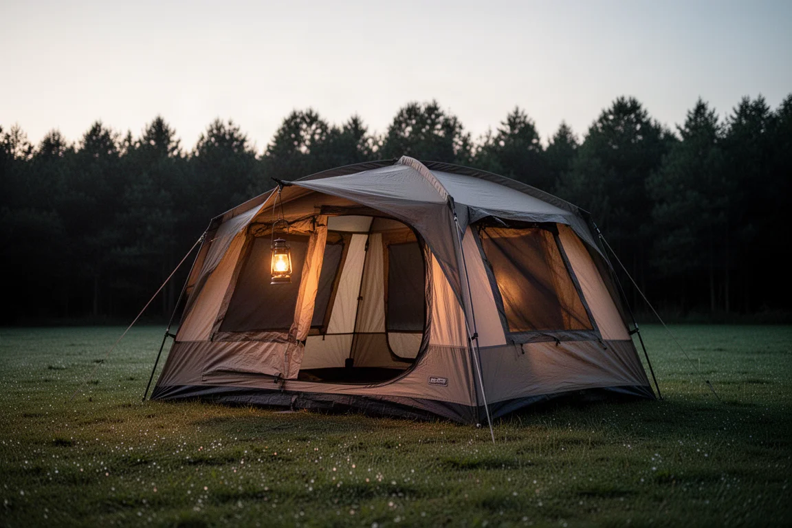 Tenda da campeggio a forma di cabina su un campeggio erboso al tramonto con bagliore caldo di lanterna all'interno