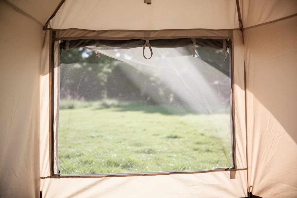 Interno di una tenda verso una finestra aperta con zanzariera e luce del giorno all'esterno
