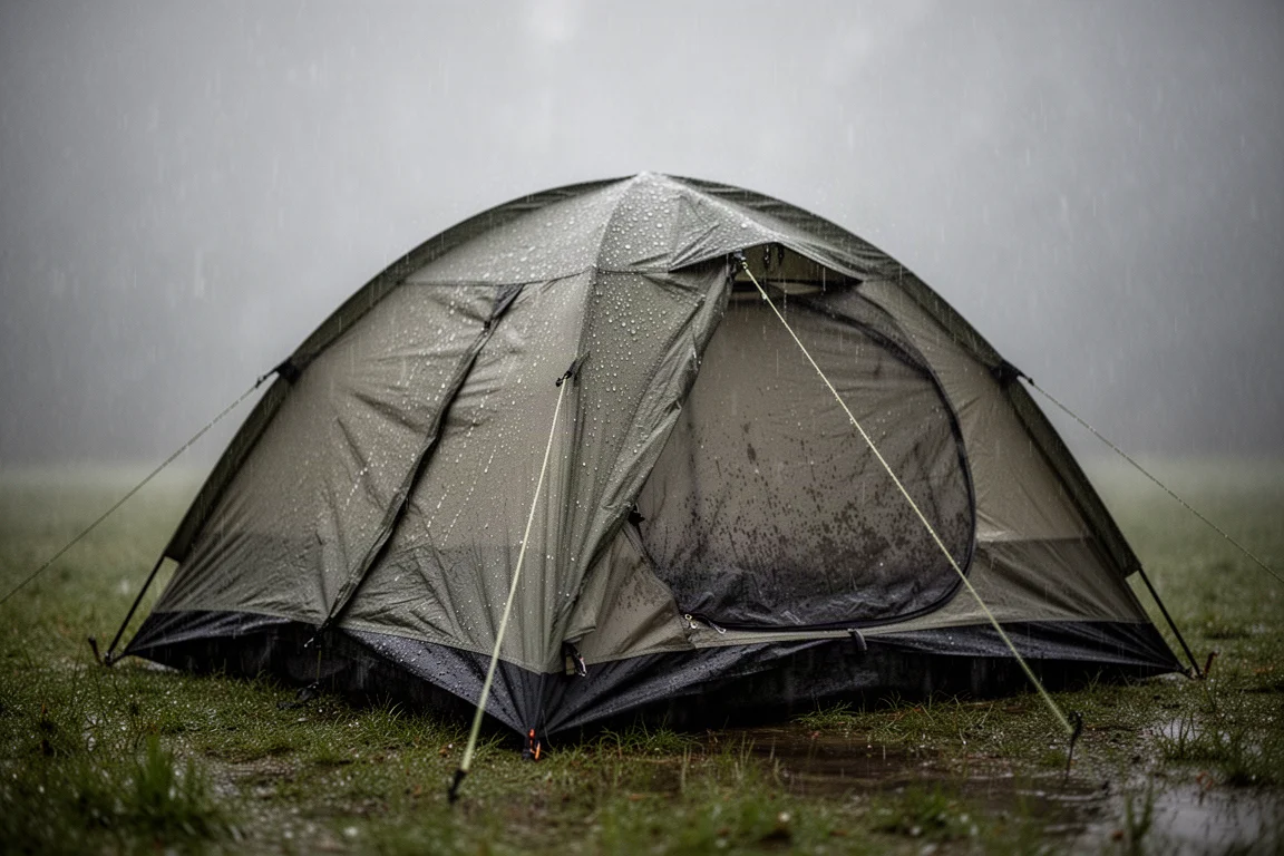 Tenda da campeggio piantata su erba bagnata durante una pioggia costante con gocce sul telo di copertura