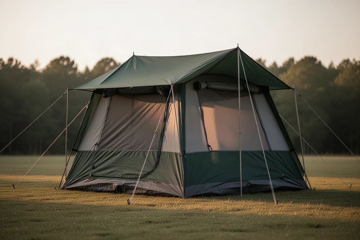 Cabin-shaped four-person instant camping tent pitched on a grassy campsite at golden hour