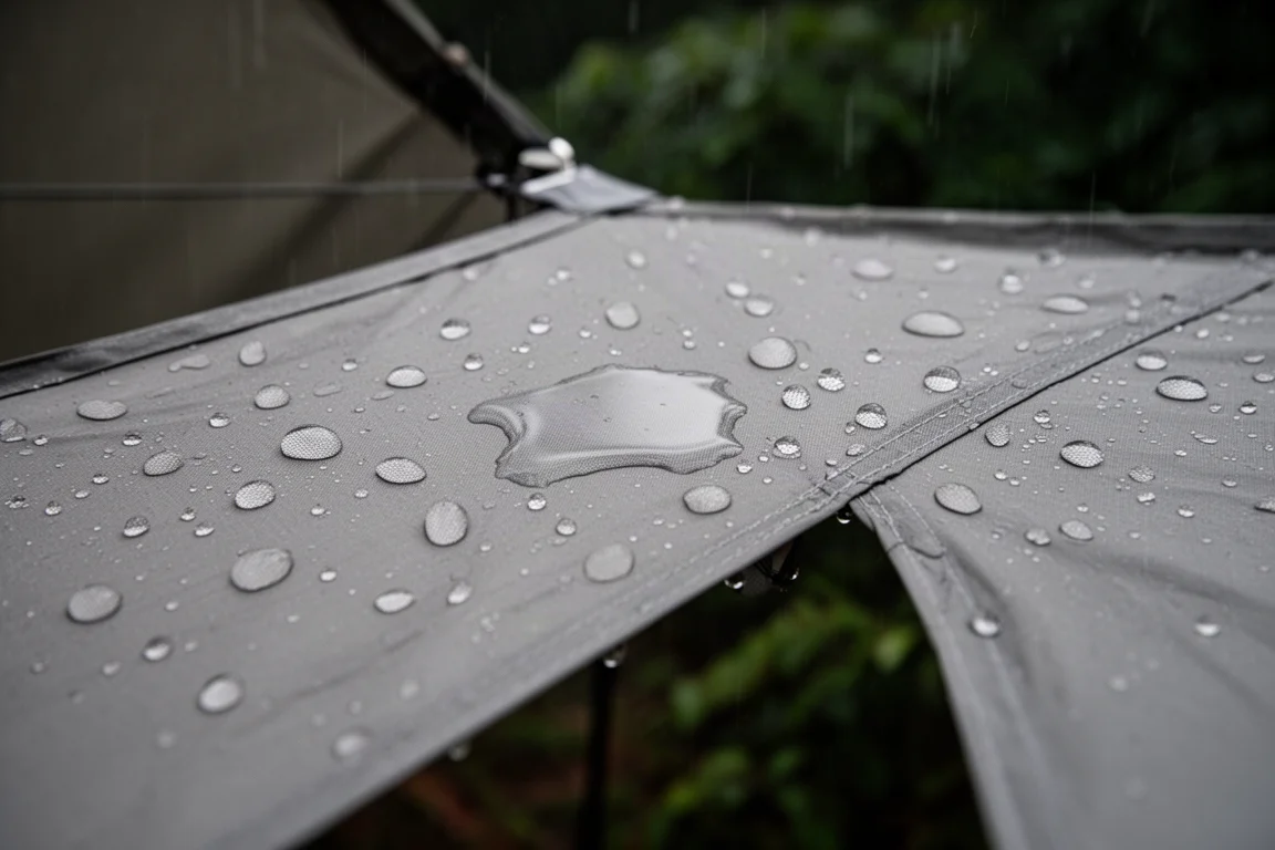 小雨中帳篷外帳上的雨水凝成水珠