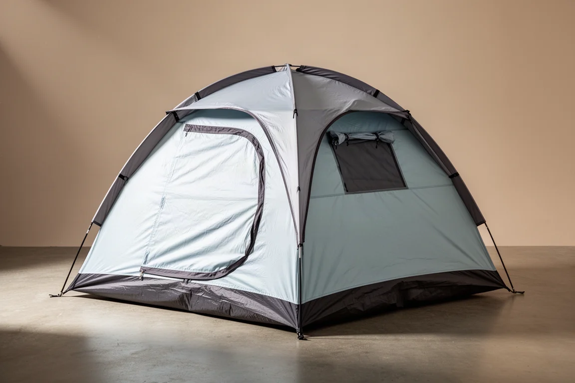 Four-person pop-up dome camping tent pitched on a matte concrete surface