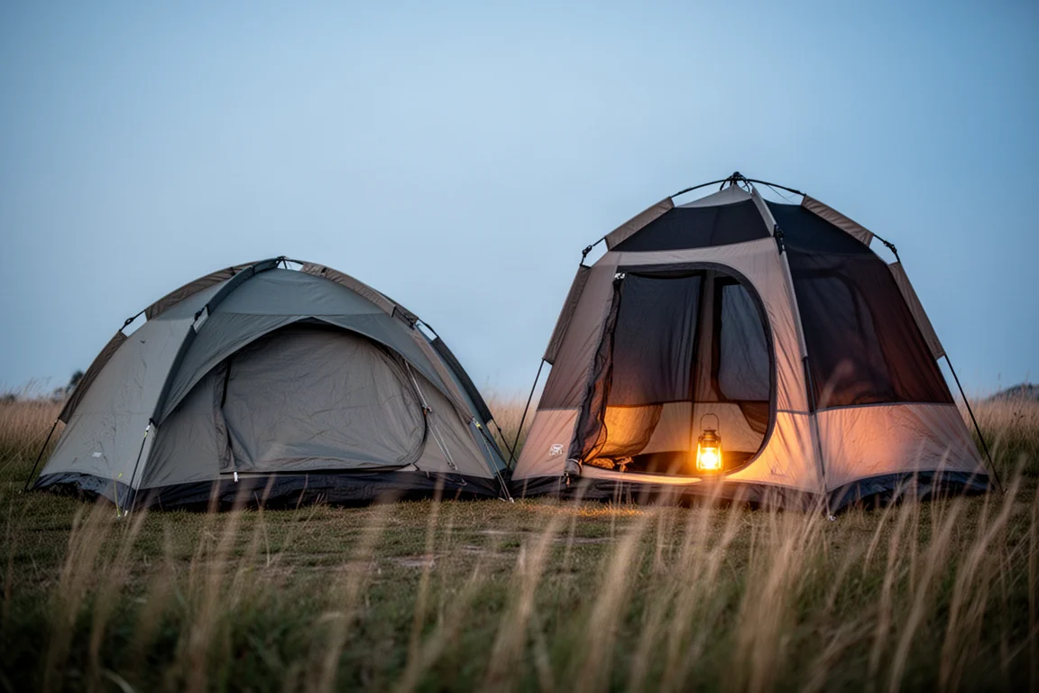 Two four-person dome tents pitched on a grassy campsite at dusk with a lantern glowing inside one