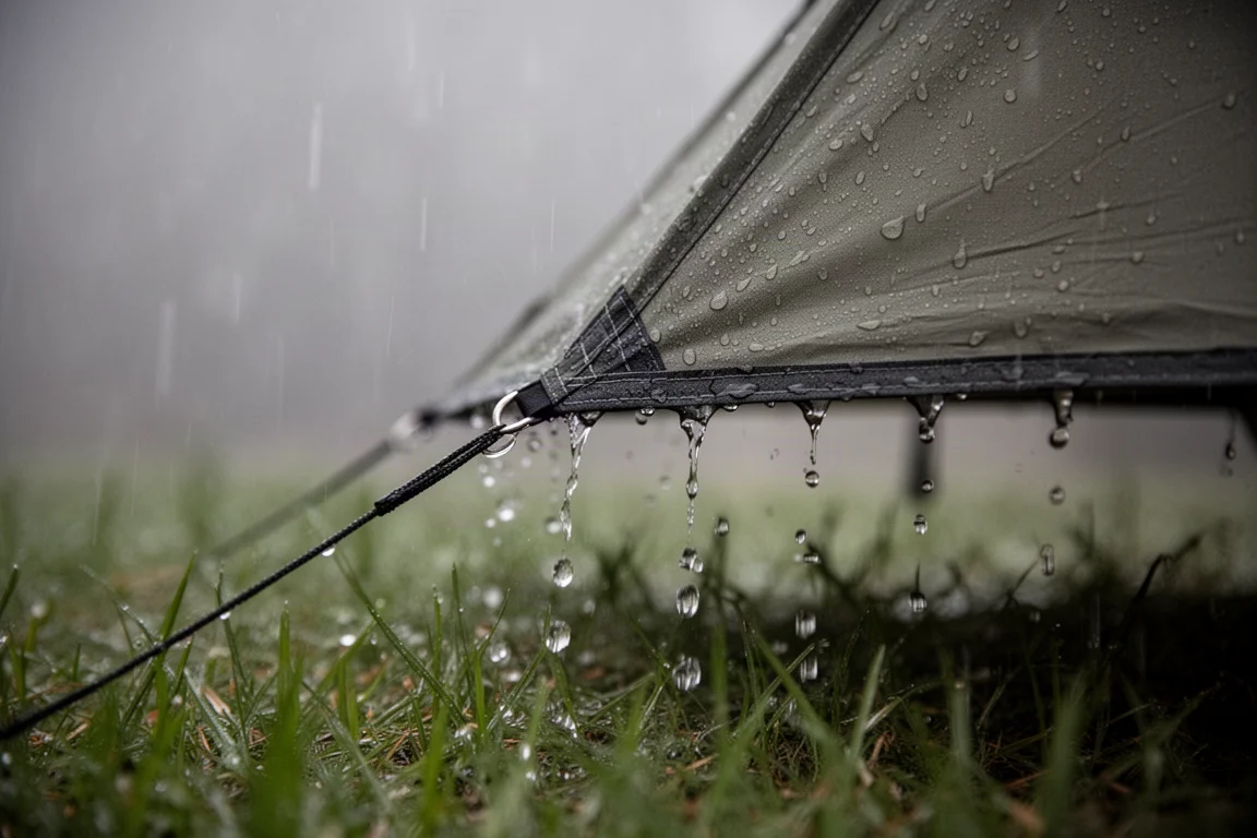Rain running off a small tent rainfly onto wet grass with water beading on dark fabric