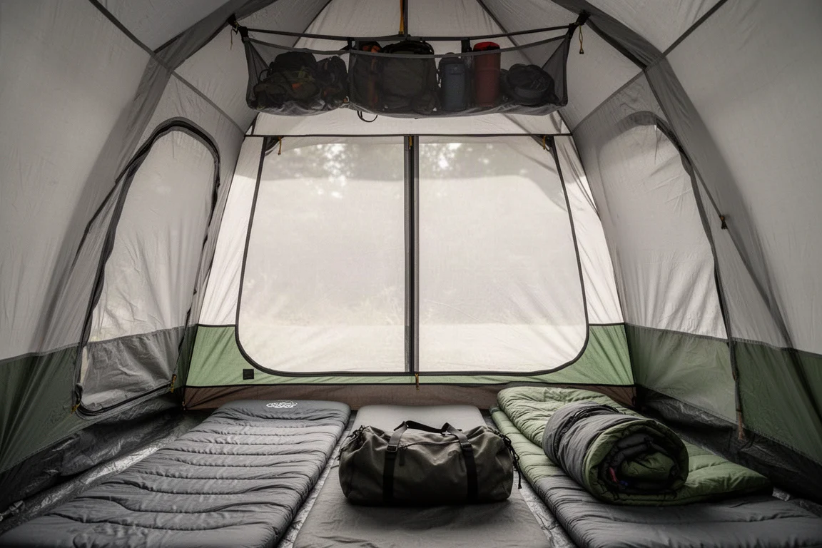 Interior of a tall camping tent showing large mesh wall panels and sleeping pads on the floor