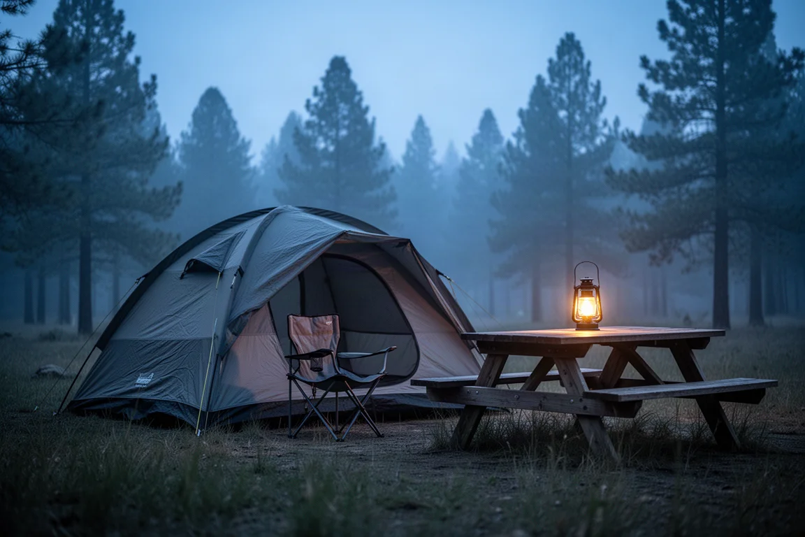 Campsite at blue hour with a pitched tent, folding chair, and lantern beside a picnic table