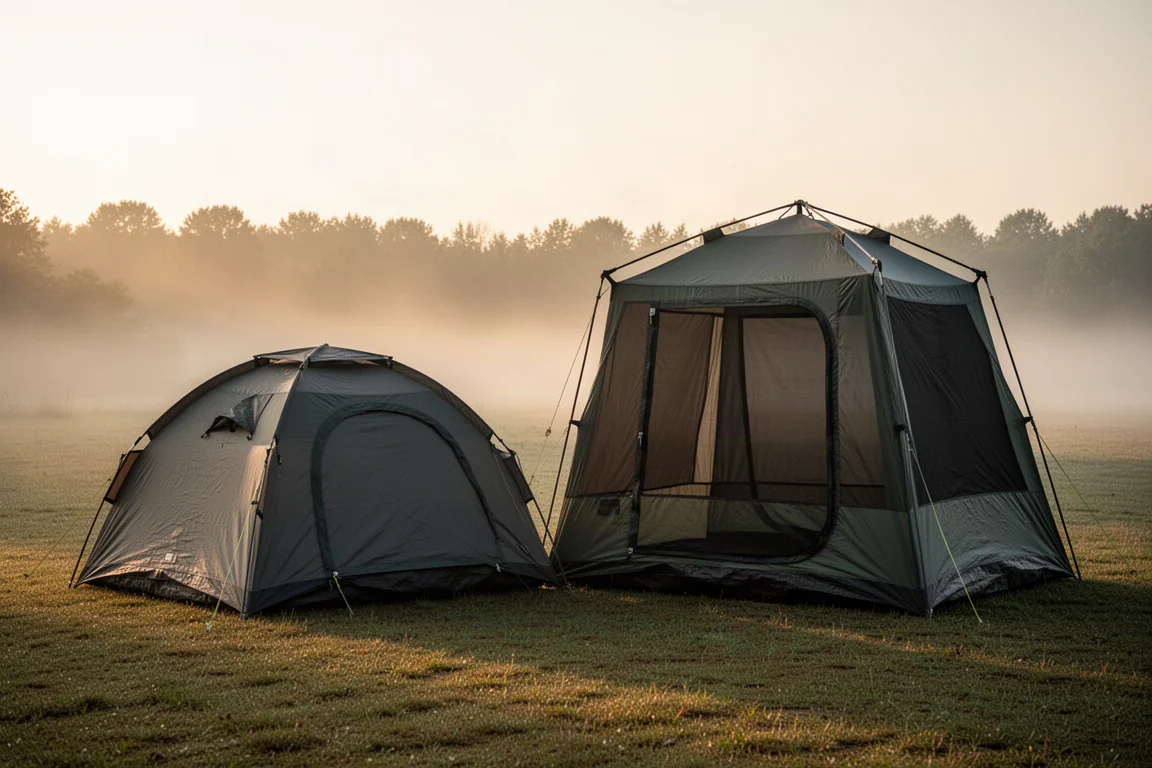 Two four-person dome camping tents pitched side by side on a grassy campsite at golden hour
