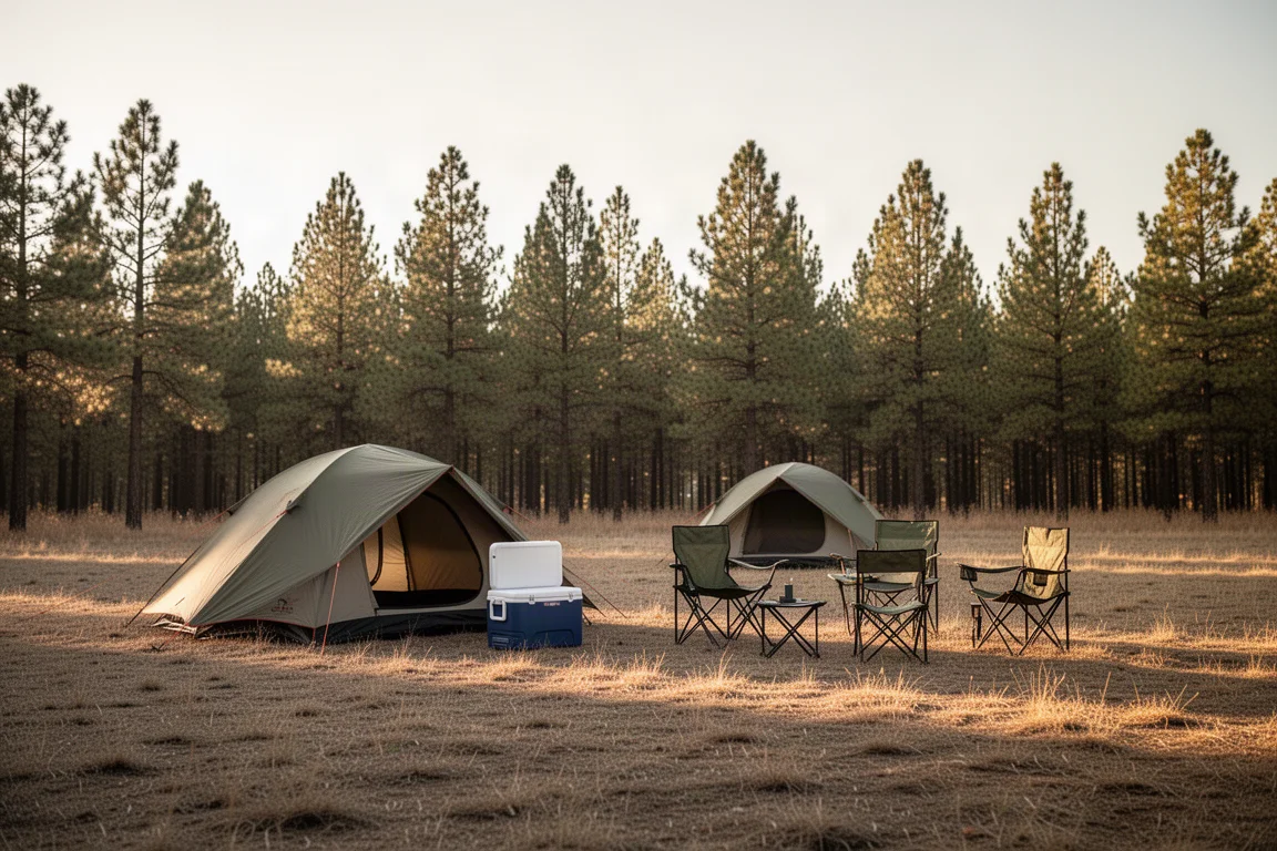 Campsite clearing at late afternoon with a low tent, cooler and folding camp furniture on dry grass