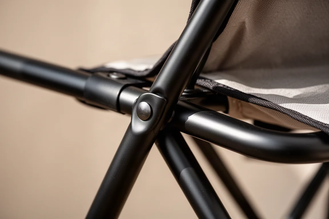 Close-up of thick round steel tubing and a rivet joint on a folding camp chair frame