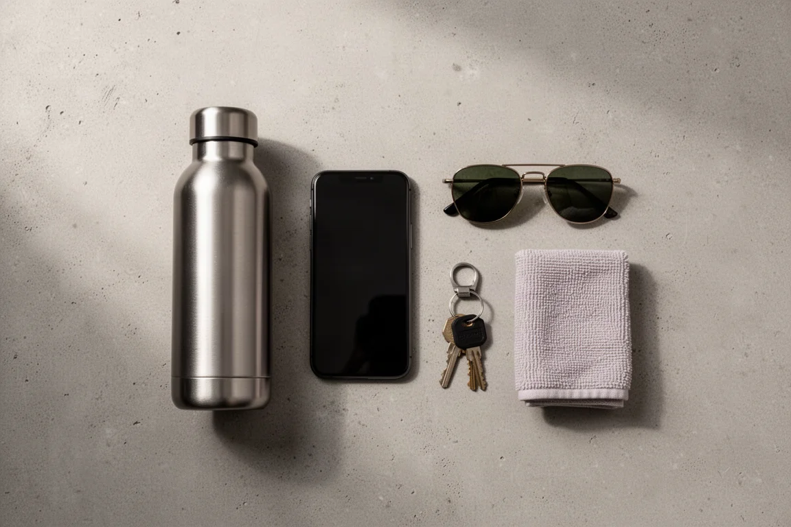 Overhead flat lay of a bottle, phone, sunglasses, keys and towel on concrete
