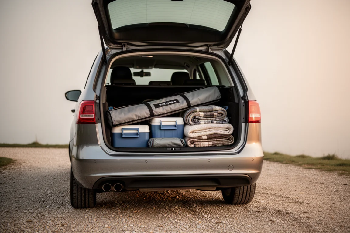 Open car boot packed with camping gear including a long narrow carry bag and a cooler