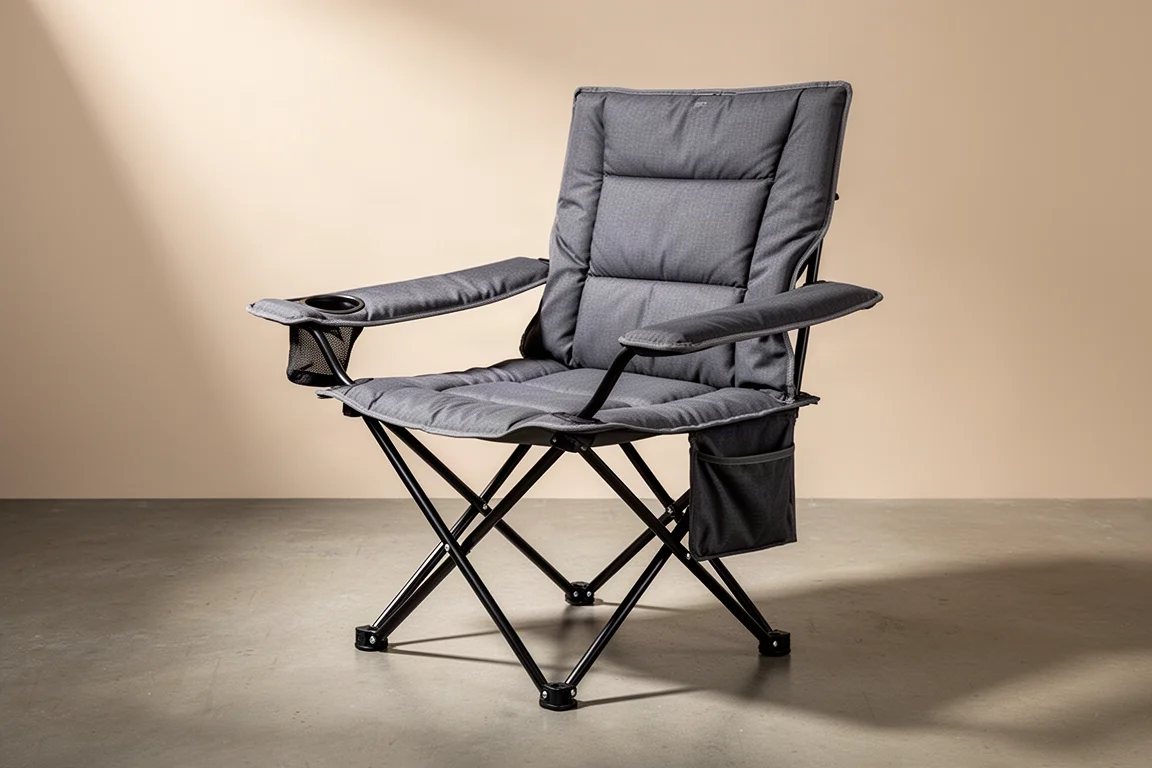 Large folding camp chair with padded armrests and cup holder standing open on concrete