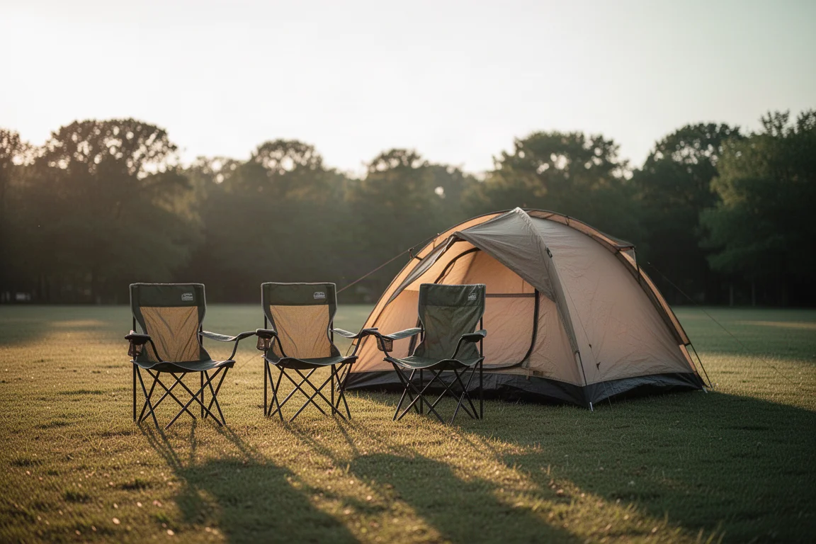Due sedie da campeggio accanto a una piccola tenda in un campeggio tranquillo la sera