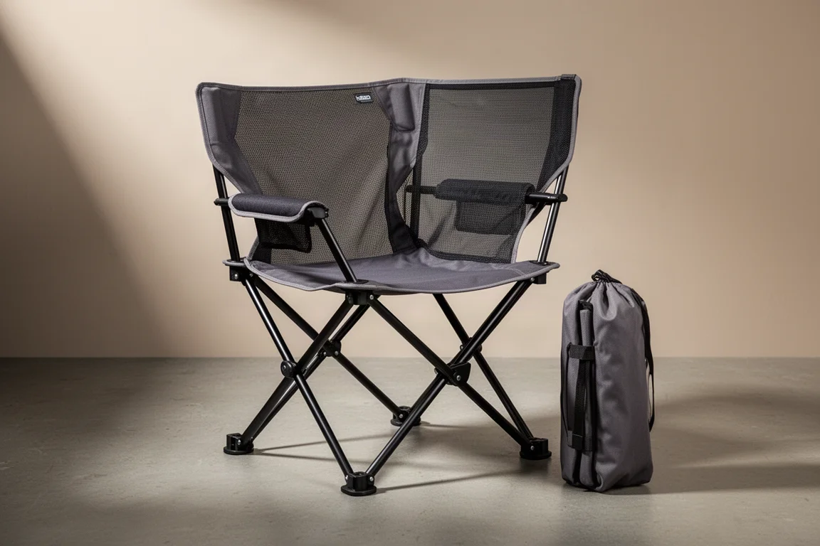 Folding quad camp chair with mesh backrest and carry bag on concrete surface