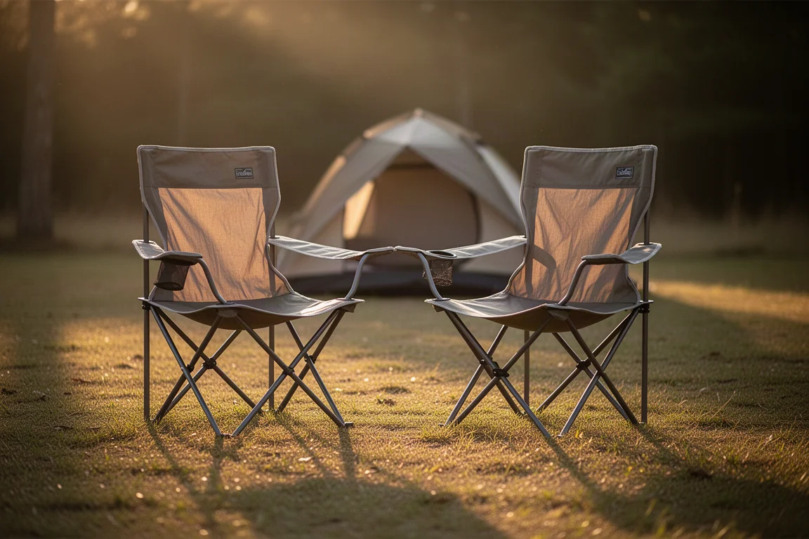 Zwei Campingstühle nebeneinander auf einer grasbewachsenen Lichtung zur goldenen Stunde
