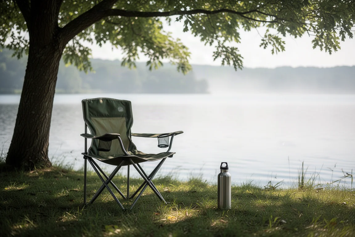 Campingstuhl im gesprenkelten Schatten neben einem See an einem heißen Sommernachmittag