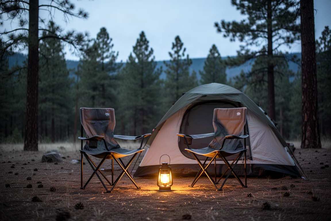 Zwei Campingstühle neben einem beleuchteten Zelt auf einem Campingplatz am Abend
