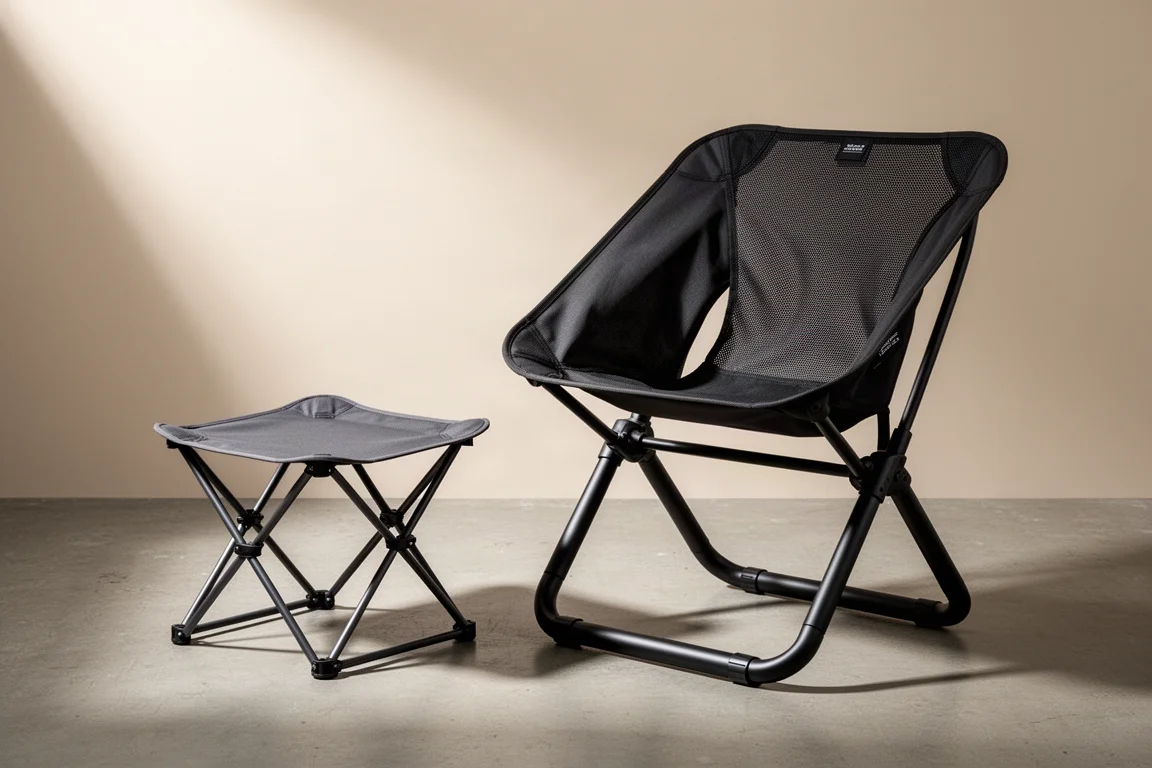 Two folding camp chairs side by side, one compact with grey fabric and one large with black mesh