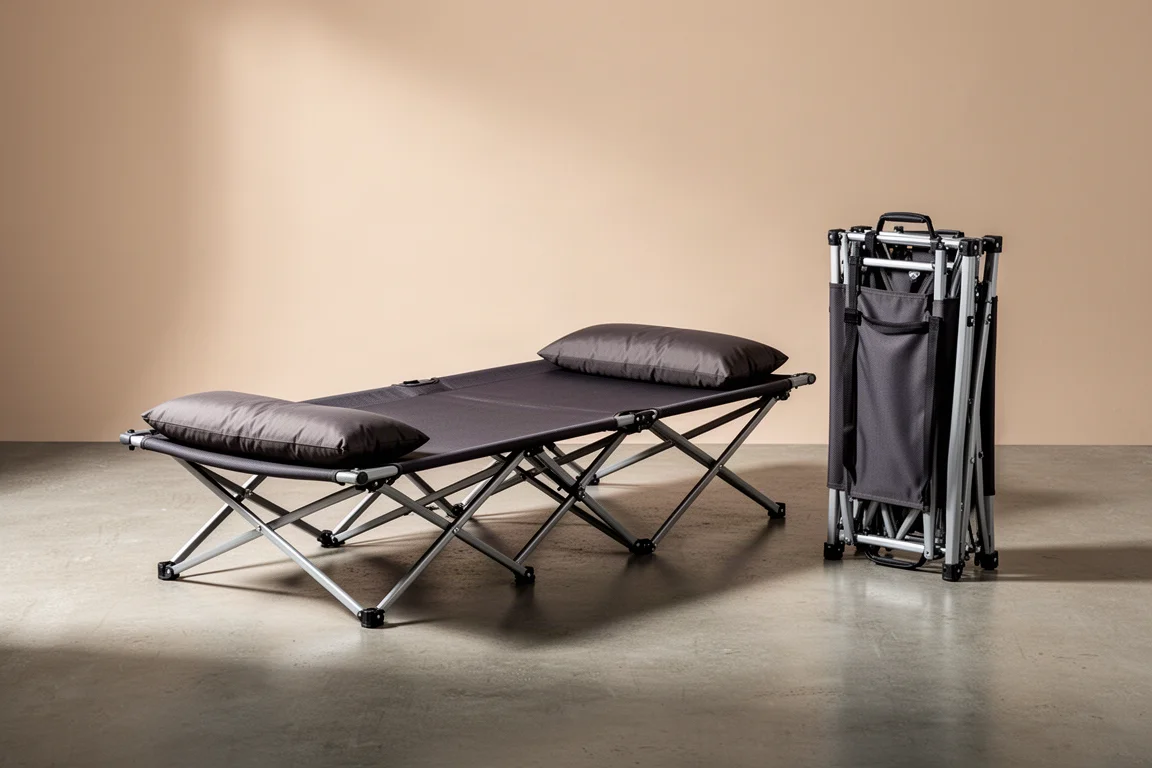 Two folding camping cots side by side on a concrete floor