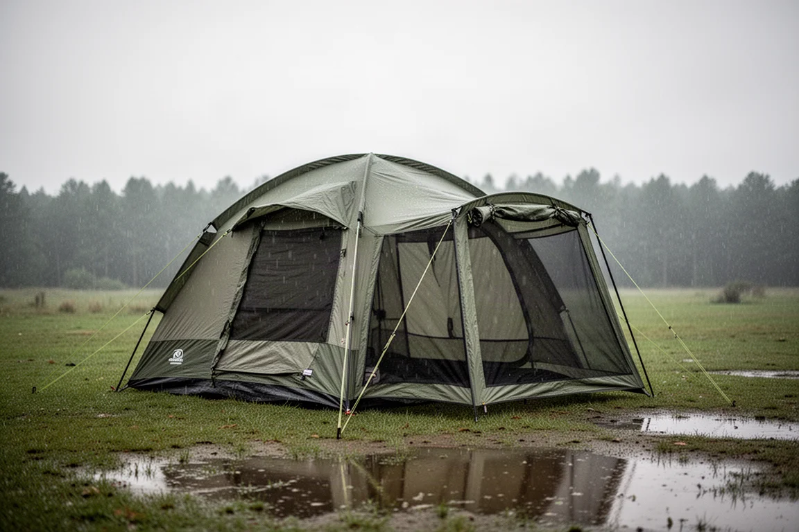 Tenda a cupola con veranda zanzariera montata su erba bagnata sotto un cielo grigio