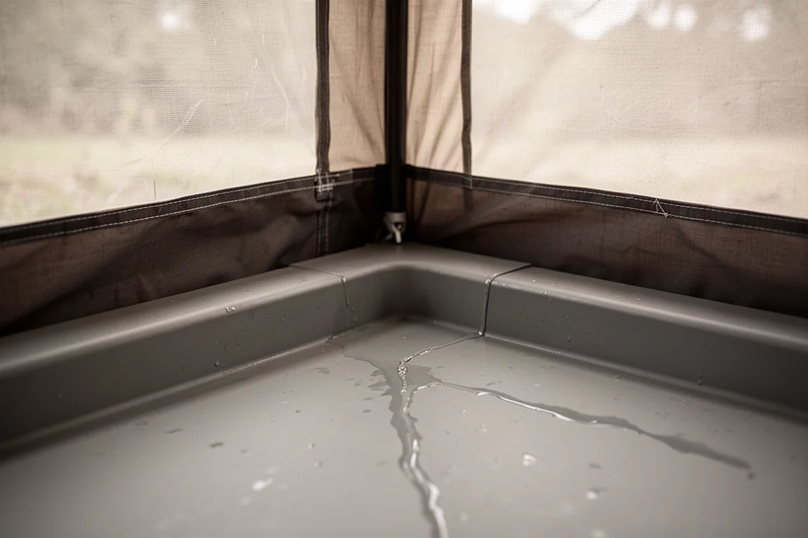 Primo piano del bordo del fondo di una tenda con acqua che filtra lungo una cucitura