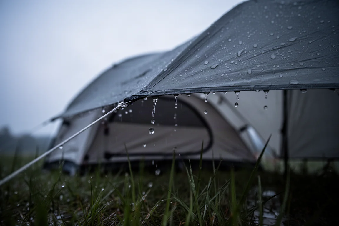 Pioggia che forma gocce e scorre dal bordo del telo di copertura di una tenda al crepuscolo