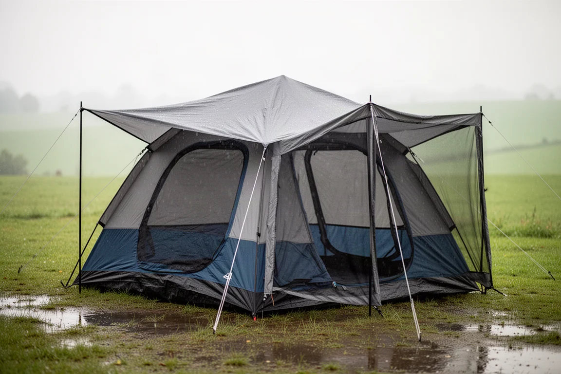 Dome camping tent with screen room porch pitched on grass under overcast light
