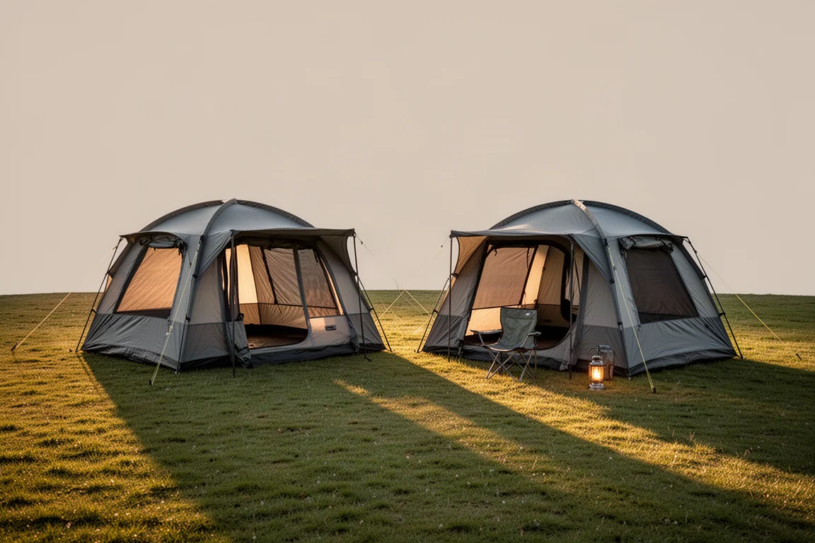 Kupoltält med myggnätsrum uppsatta på en gräsbevuxen campingplats i gyllene timmen