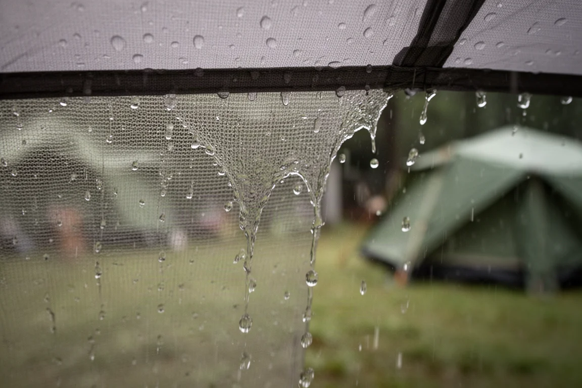 Regn som faller mot en nätpanel på ett tälts myggnätsrum med vattendroppar