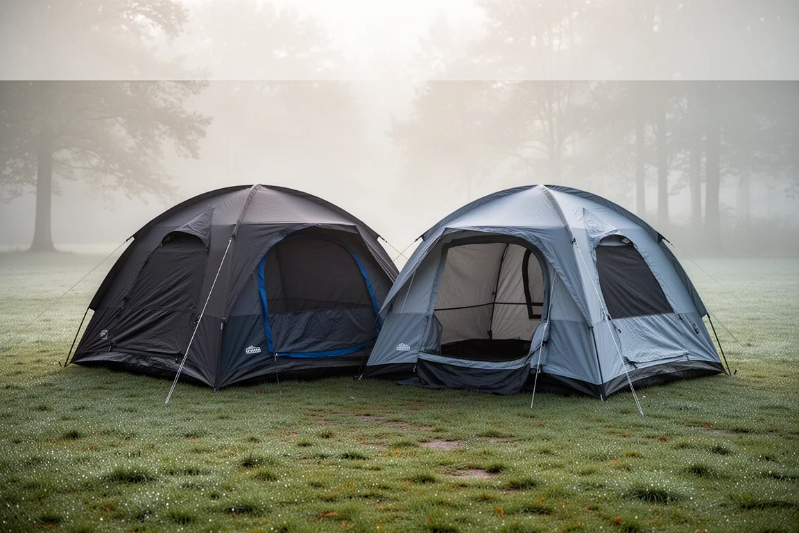 Two dome camping tents with screen rooms pitched side by side on a grassy campsite