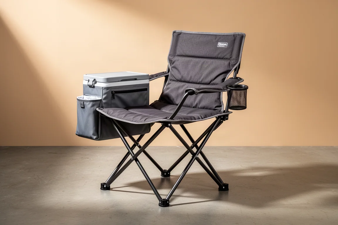 Folding camping chair with padded seat and built-in armrest cooler on concrete