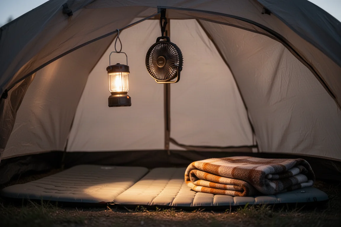 Kleiner Campingventilator und Laterne hängen in der Dämmerung in einem Zelt