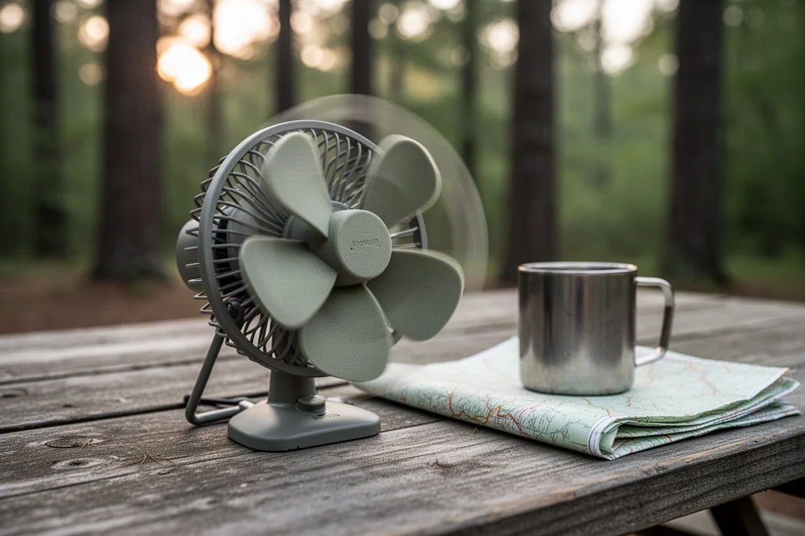 Nahaufnahme flexibler Schaumstoff-Ventilatorblätter an einem tragbaren Campingventilator